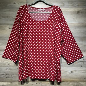 Susan Graver Liquid Knit Top Blouse Red Polka Dot Plus Size 3X 3/4 Sleeve Casual